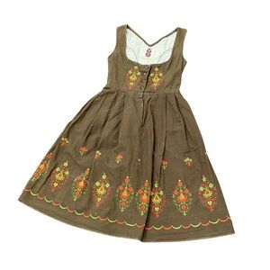 Vintage Trachten German Drindl Dress Oktoberfest Dark Green Pink Women Small